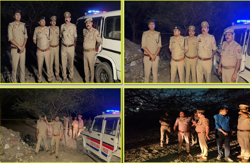 गाज़ियाबाद के खोड़ा क्षेत्र में छात्र हत्याकांड के आरोपी की तलाश और मुठभेड़ के दौरान मौके पर मौजूद पुलिस अधिकारी और पुलिस वाहन।